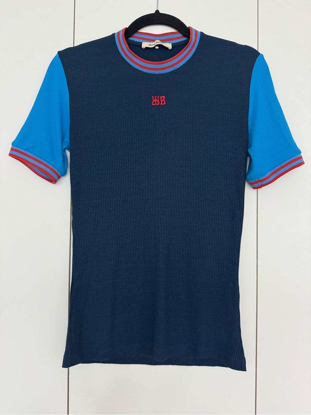Wales Bonner Navy Ribbed Short Sleeve Tee with Blue Sleeves and Red Trim